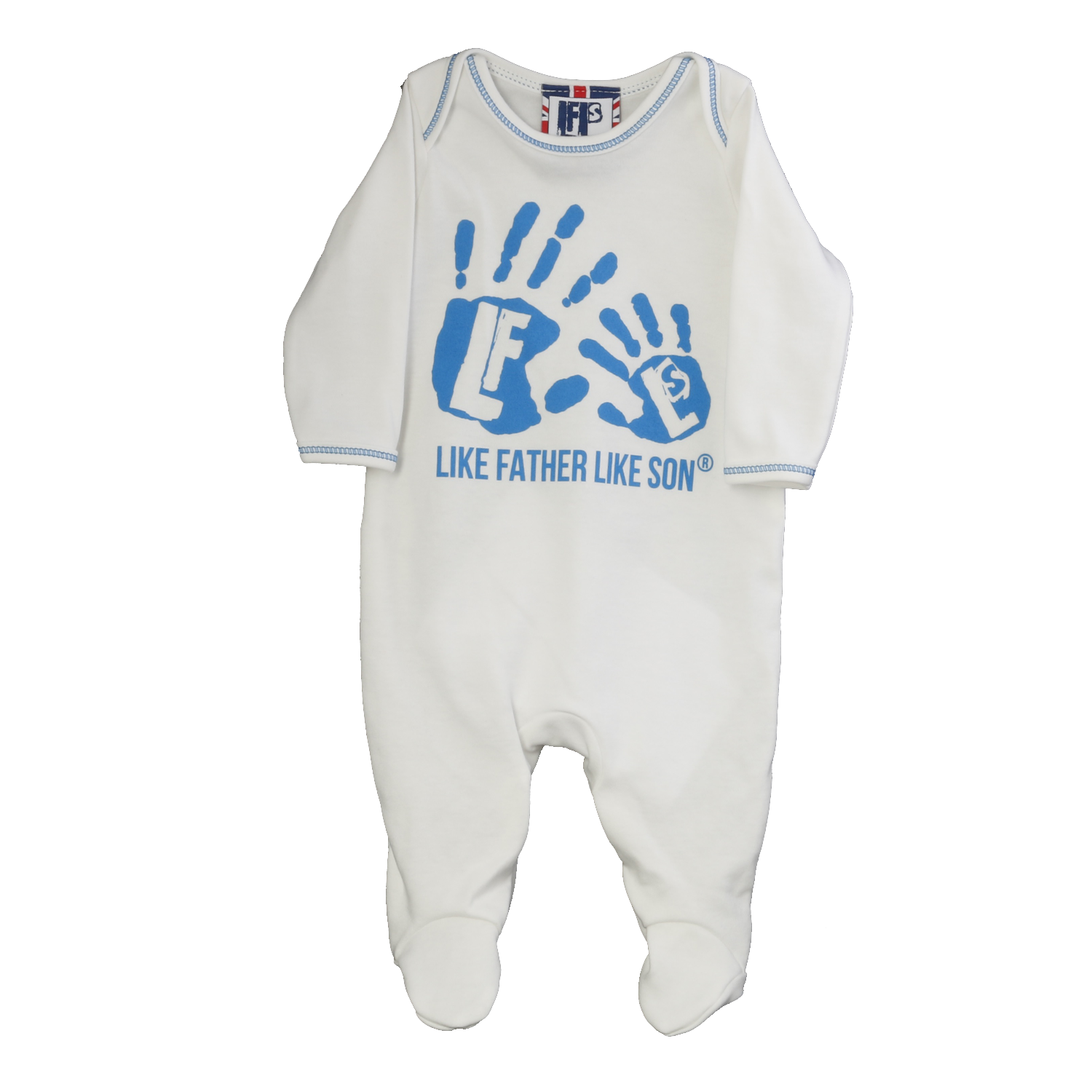 creamy white baby grow with sky blue hands