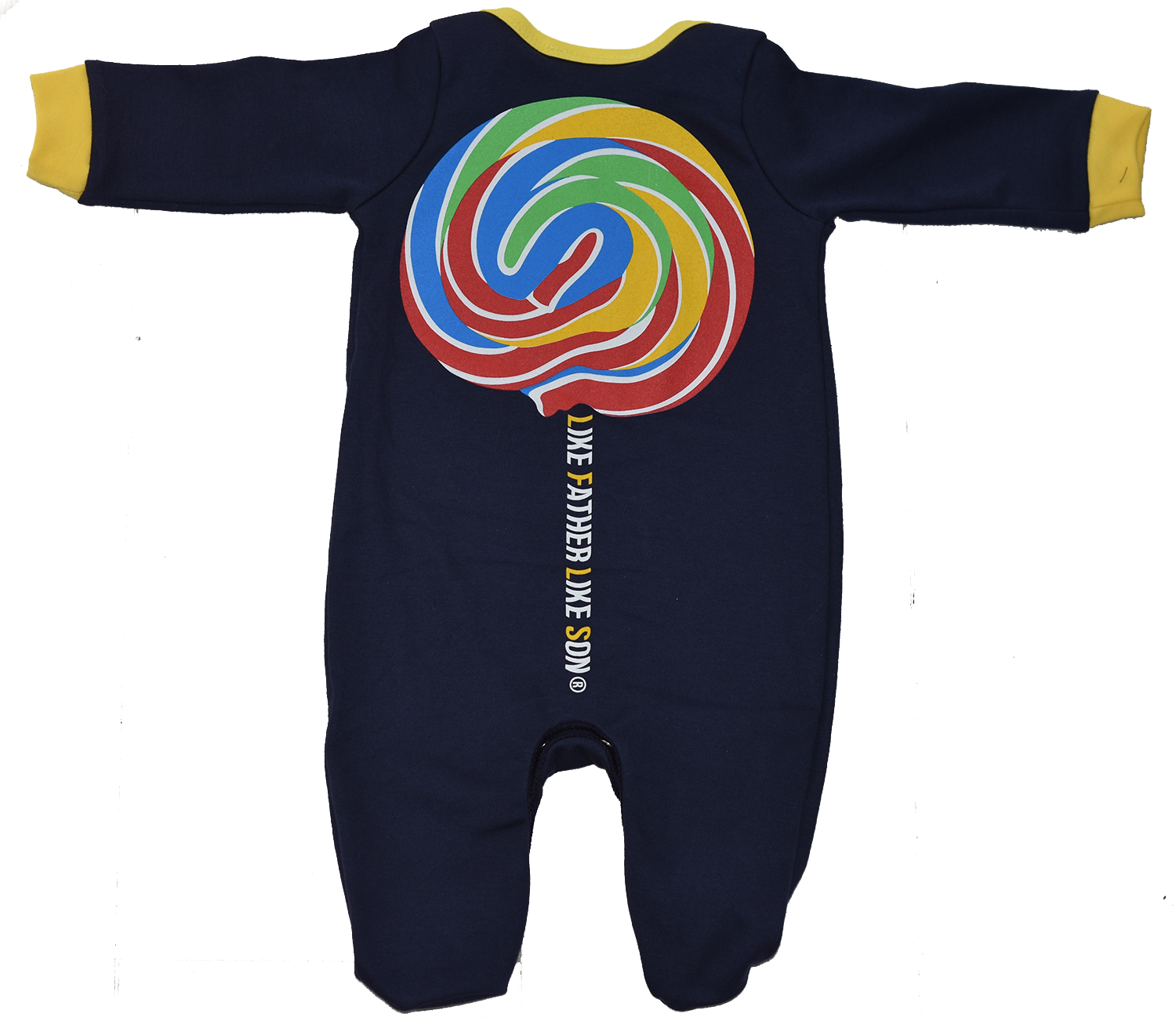 Navy blue baby grow with lollipop.