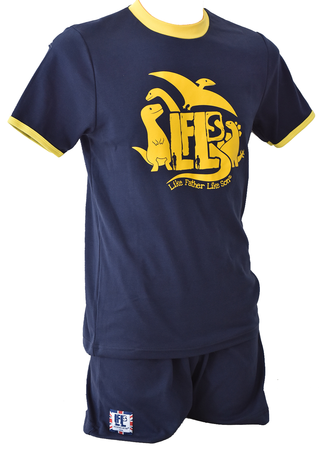 Mens cotton pyjamas with shorts.Navy blue with yellow dinosaur design