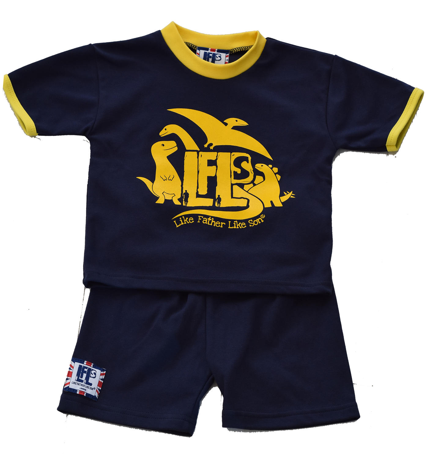 Navy blue cotton short pyjamas,with yellow dinosaur design