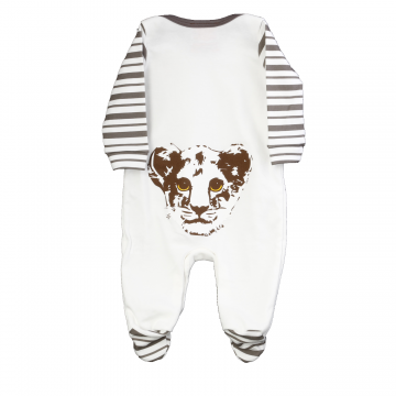Baby grow, creamy white with lion cub design.