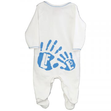 Creamy white baby grows with blue hand pattern.