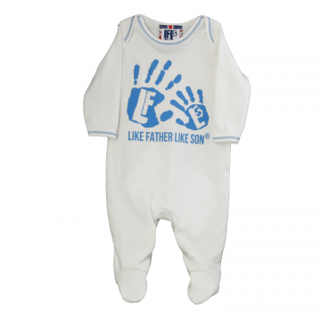 creamy white baby grow with sky blue hands