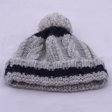 Grey and navy Blue Woollen Bobble hat