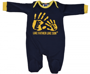 navy blue cotton baby grows with yellow hand design.