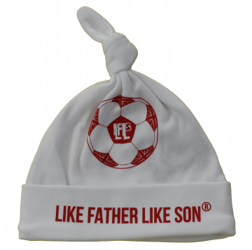 Cotton baby hat. White with red football