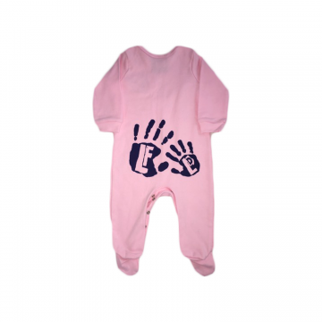 Pink girls baby grow with navy hands.