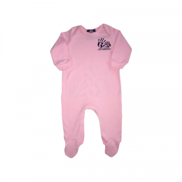 Pink girls baby grow with navy hands.