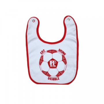 White cotton bib with red football