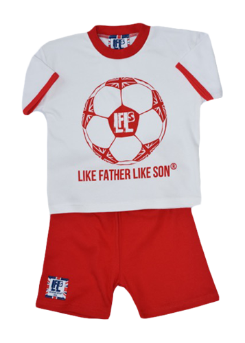 Childrens white cotton  Pyjamas with red shorts ,  red football design