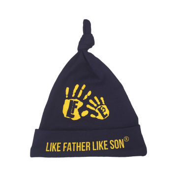 Baby hats.Navy blue yellow hand design