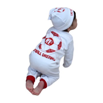 Cotton baby grow, white with red football.