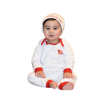 Cotton baby grow, white with red football.