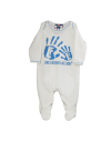 creamy white baby grow with sky blue hands