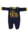 navy blue cotton baby grows with yellow hand design.