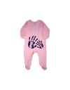 Girls pink baby grow with navy hands.